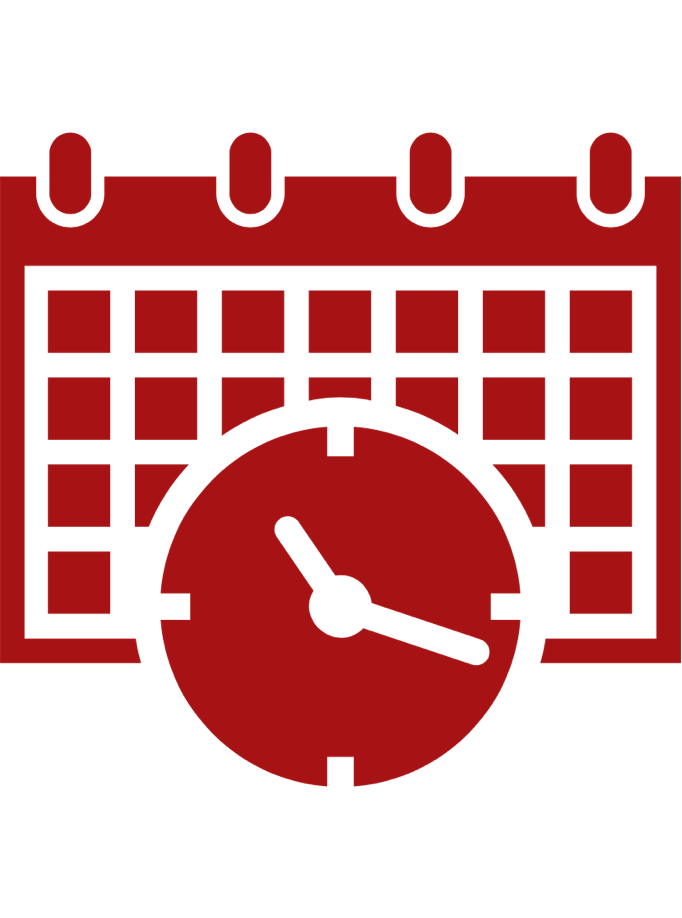 Rotes Icon in der Form eines Kalenders und einer Uhr, welche für Administrative Arbeiten genutzt wird